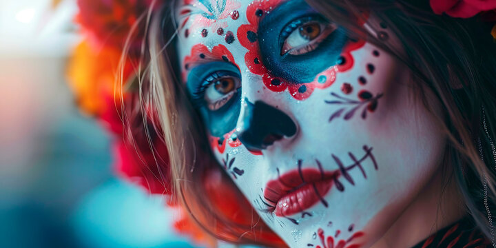 Portrait of woman dressed as Catrina with red and black colors