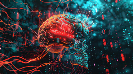 Detailed digital illustration of glowing AI brain with data streams