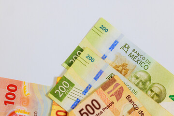 Obraz premium Pesos are issued by National Bank of Mexico in various denominations Mexican peso banknotes.