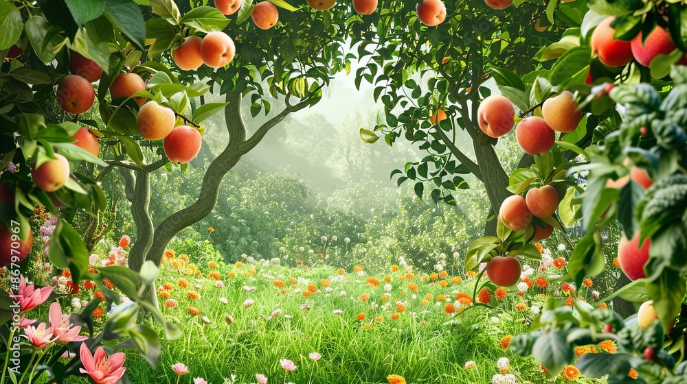 Poster a view of apple trees laden with ripe fruit in a lush meadow, bathed in warm sunlight. colorful wild