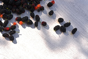 Piles of fresh mulberries on white wooden background.