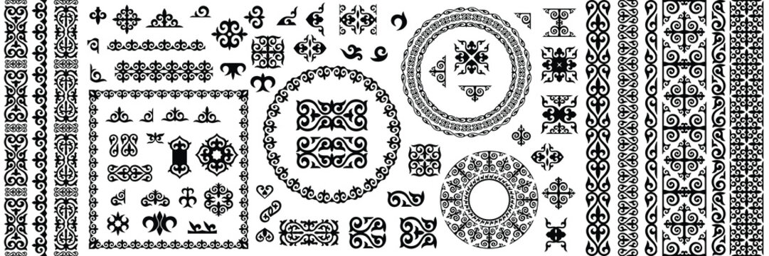 Set of Kazakh ornamental elements, national ornament, isolated on a white background, vector design