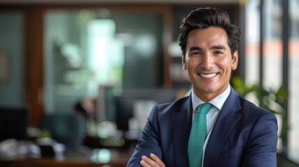Fototapeta premium Smiling elegant confident young professional Latino Hispanic business man , male proud leader, smart Latin businessman lawyer or company manager executive looking at camera standing in office. 