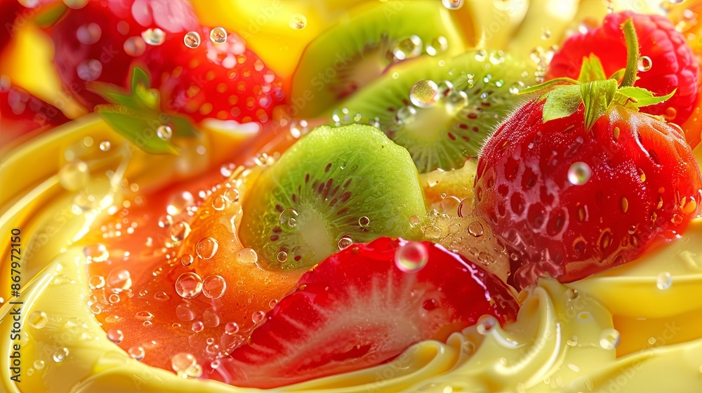 Poster a close-up photo of a creamy dessert topped with fresh fruit slices like kiwi, strawberries, and ora