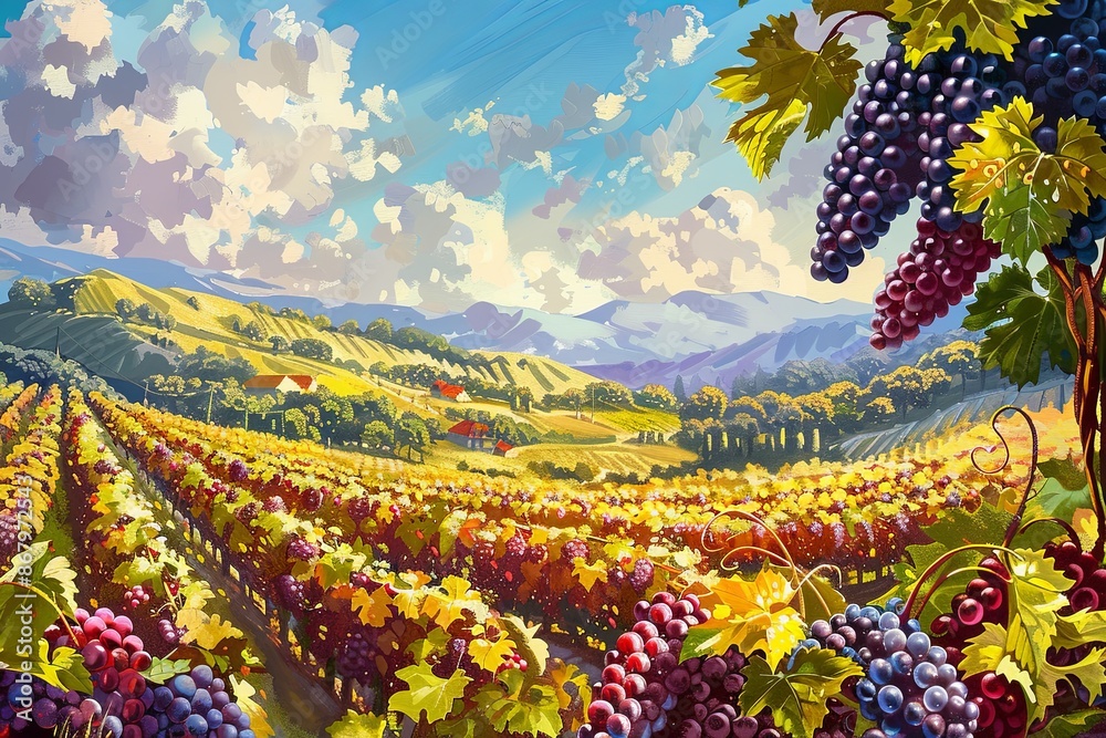 Poster a lush vineyard stretches across the hillside under a bright blue sky with puffy clouds. rows of gra