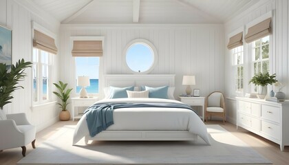 Luxurious, airy beachside bedroom with white paneled walls and a serene color palette that captures the essence of coastal living.