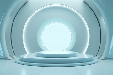 Obraz premium Futuristic white podium in a sleek, modern room with glowing lights. Perfect background for showcasing products or technology. 