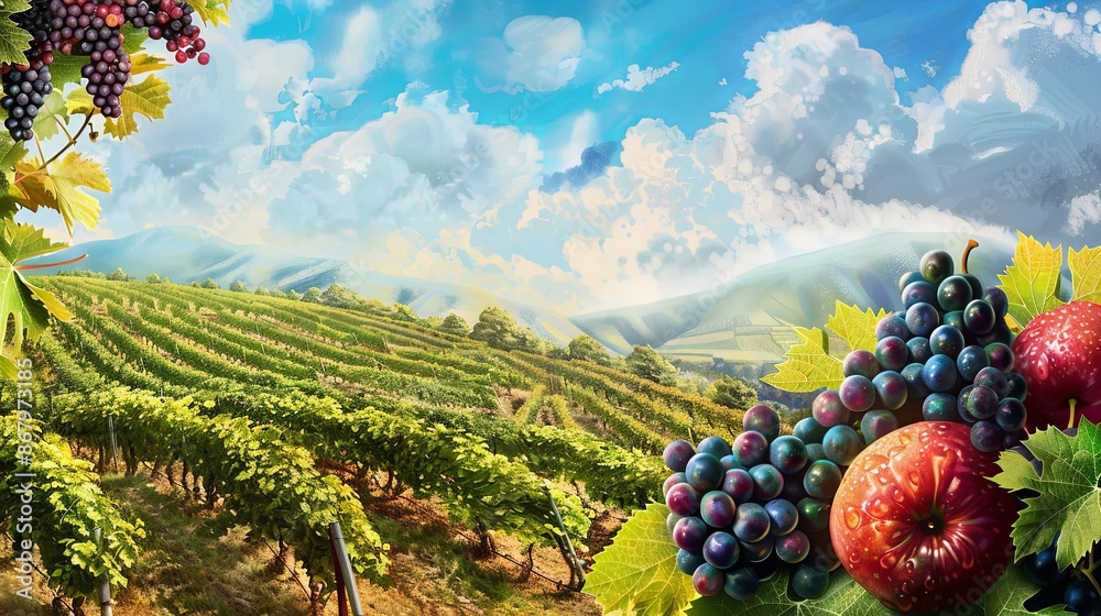 Poster a picturesque vineyard landscape with rows of grapevines under a bright blue sky, with ripe grapes a