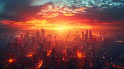 A cityscape at sunset, with the buildings bathed in warm, colorful light. The beautiful, bright urban scene provides an inspiring background for your message. 