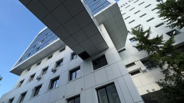 Hospital Skybridge Amidst Towering Pines: Ground-Level View of Nature-Integrated Medical Architecture | Dramatic Upward Angle of Healthcare Facility Blending with Trees. Extreme wide angle view