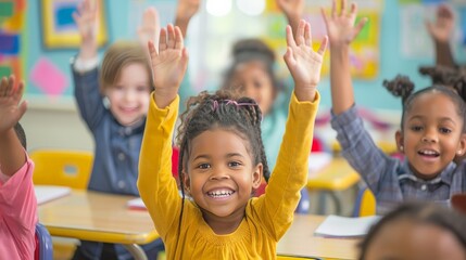 Elementary school kids raising hands in a bright classroom