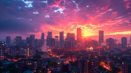 Obraz premium A cityscape at sunrise, with the buildings glowing in the early morning light. The beautiful, bright urban scene provides an inspiring backdrop for your words. 