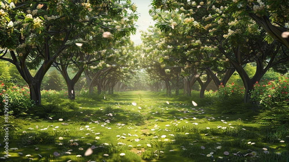 Poster A path winds through a forest of trees in full bloom, with white petals raining down on the lush green grass. The sun shines through the canopy, creating a magical atmosphere. Generative AI