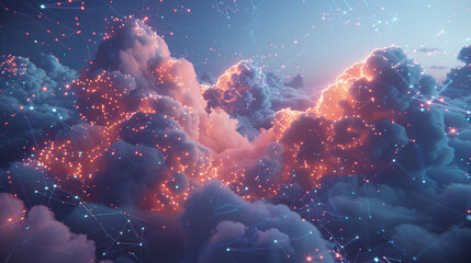 Glowing digital cloud landscape with data connections and smoke