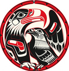 Traditional Inuit Eskimo Haida folk art of a stylized eagle and raven in textured black, white and red for logo or tattoo. Pacific Northwest Haida art..