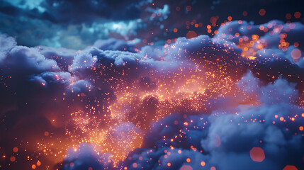 Glowing data connections in digital cloud landscape, abstract background