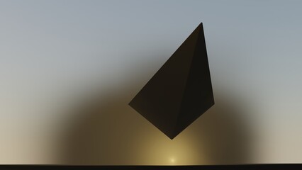 3d render of mysterious triangle object flying near ground