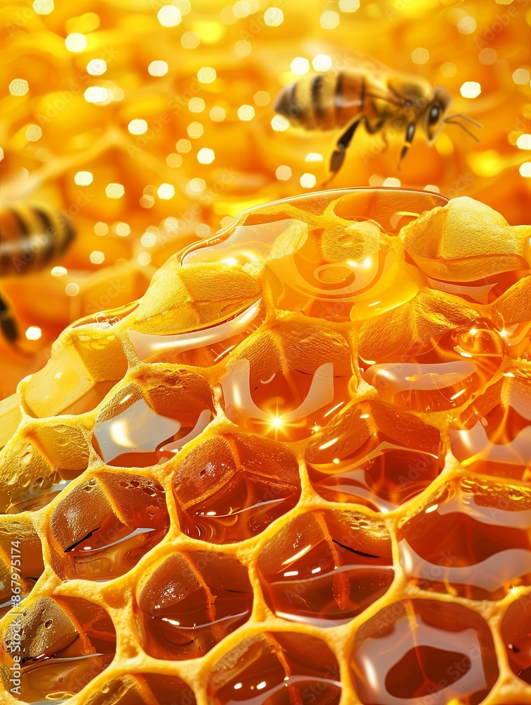 Poster Close-up of a honeycomb with golden honey and bees. Generative AI