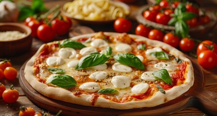 Delicious Italian Pizza With Mozzarella and Basil on a Rustic Wooden Table