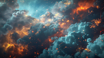 Fototapeta premium Digital clouds with glowing data connections in hyper realistic style