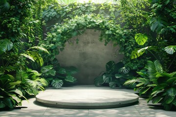 Empty round concrete podium surrounded by lush green tropical plants and foliage, perfect for natural, eco-friendly product display. Concept of nature, sustainability, and wellness.