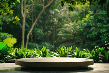 Empty round wooden platform podium for product placement with lush green tropical forest background. Concept of nature, sustainability, and organic products.