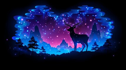 Silhouette of deer standing on a rock at a moonlit night with tree and mountain view with the moonlight on night forest