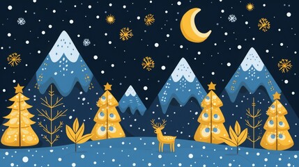 illustration of deer standing on a rock on the hill with snow view with tree and mountain in christmas concept