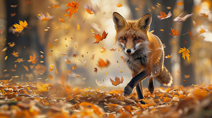 Amidst a tapestry of autumn leaves, a cute fox runs joyfully, embodying the spirit of change and the dynamic beauty of wild nature. A scene captured in the fleeting dance of falling leaves.