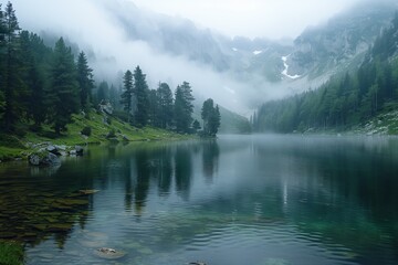 Serene Mountain Lake With Fog and Reflections in Early Morning