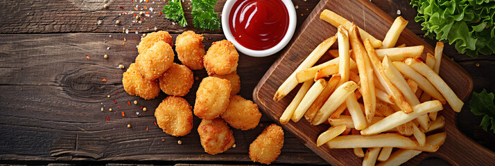 Chicken nuggets with ketchup and fries on wooden board