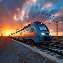 Obraz premium Modern high-speed train on the background of a beautiful sunset.
