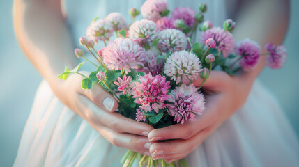 Fototapeta premium hands holding a cluster of pink and purple clover flowers, laying on a white dress