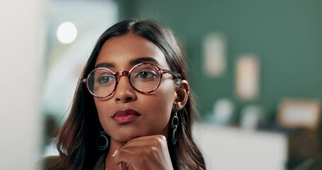 Corporate, office and woman with thinking by computer for research, website and review of information. Professional, attorney and tech with reading at law firm for legal case, portfolio or litigation