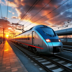 Fototapeta premium Modern high-speed train on the background of a beautiful sunset.