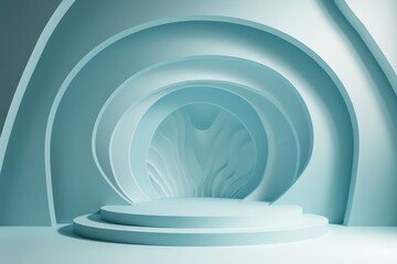 Obraz premium Minimalistic light blue empty podium stage background for product presentation. Modern, abstract 3D render with arch shapes and simple geometric forms.