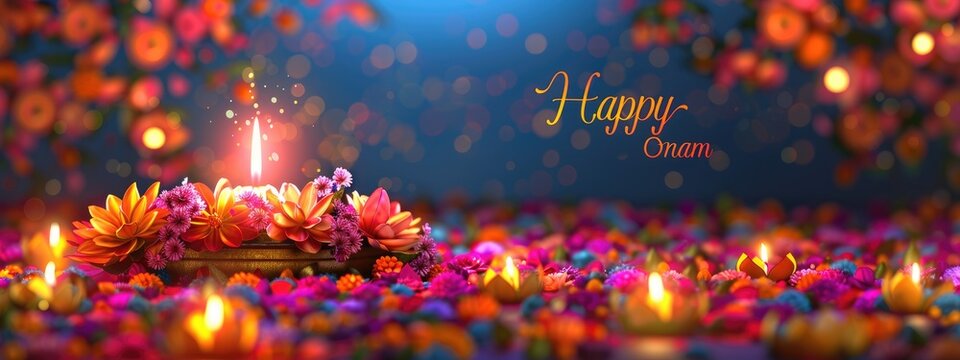 Joyous tradition: happy onam festival, celebrating vibrant cultural heritage of kerala, traditional dances, elaborate feasts, floral decorations, spirit of unity, prosperity.