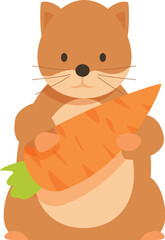 Adorable cartoon hamster standing on two legs, holding a giant carrot with its paws