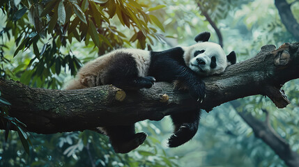 Obraz premium Amidst the lush canopy of Bifengxia Nature Reserve, a lazy panda bear peacefully slumbers on a tree branch, embodying the tranquility and charm of China's iconic wildlife.
