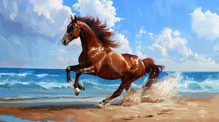 Majestic brown horse galloping across sandy beach. Stunning painting