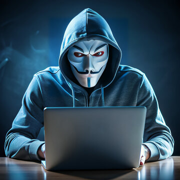 Hacker wearing an animus mask and looking at a computer