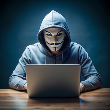 Hacker wearing an animus mask and looking at a computer