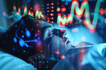 Person in futuristic sleep analysis setting with complex data visualization and tech graphics overlay. AIG62