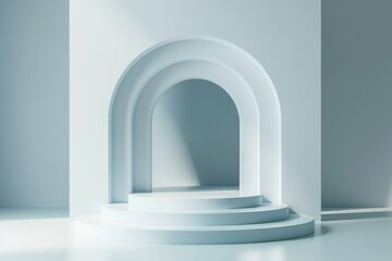 Minimalist white architectural background with arches and podium. Abstract minimal scene with geometrical forms. Empty showcase for product presentation or exhibitions.