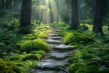 Enchanted Forest Path: Ancient Trees, Sunbeams, Eco Conservation