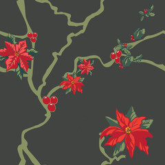 Holiday Vines and Red Poinsettias on Dark Background Seamless Repeat Pattern