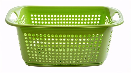 A green plastic basket with a perforated design, isolated on a white background.