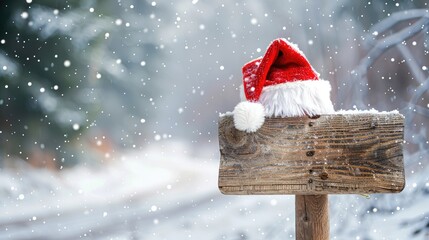 Santa hat on snowy background atop aged wooden sign