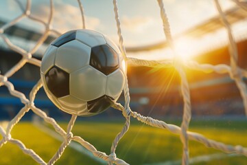 Ball in goal on green field in soccer stadium. Player shoot a ball for make epic score. Football championship.  World championship cup. Sport bet, football match betting. Banner with copy space