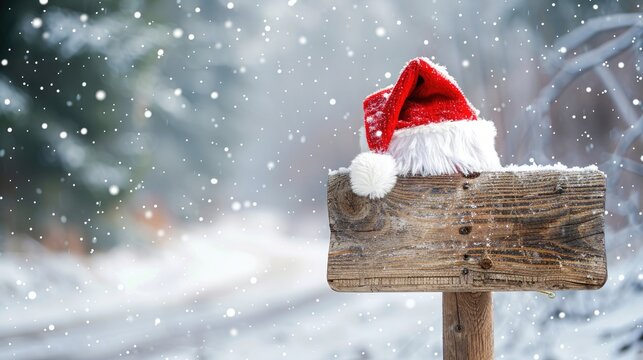 Santa hat on snowy background atop aged wooden sign - Powered by Adobe